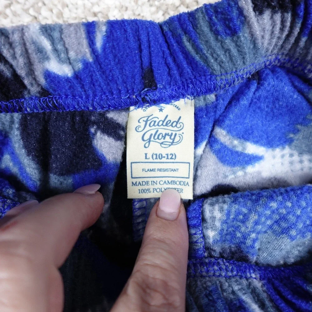 Faded Glory Boys Blue Football Fleece Pajama Pants Size L 10-12 Camo Sports PJ